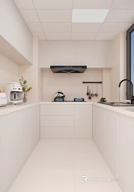 Clean Bright Minimalist White Kitchen With Complete Kitchen Appliances Hanging Utensils And Large Storage Cabinets 3d model 