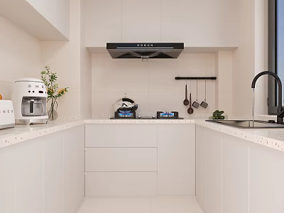 Clean Bright Minimalist White Kitchen With Complete Kitchen Appliances Hanging Utensils And Large Storage Cabinets 3d model