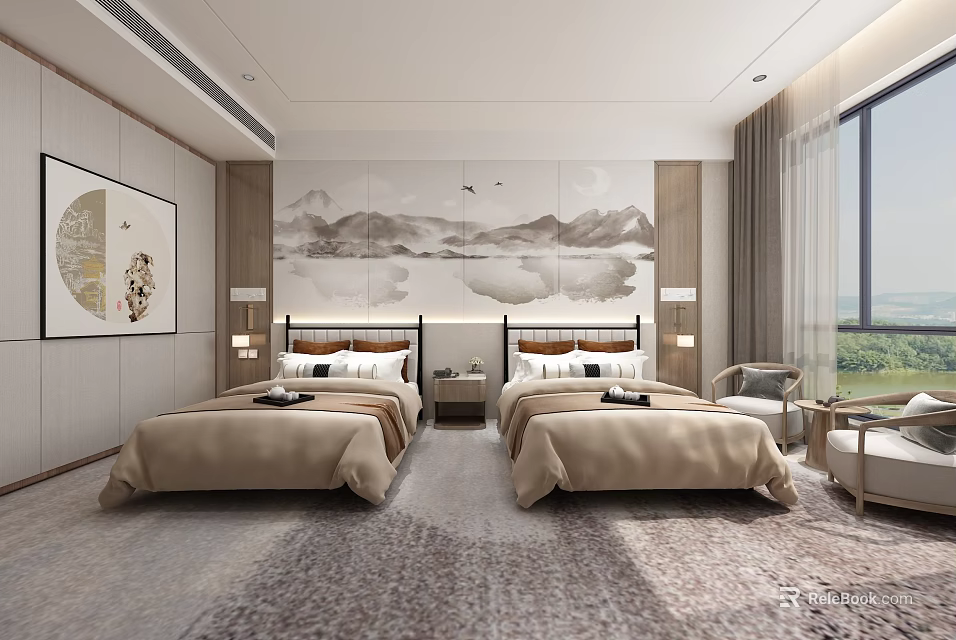 Hotel Guest Room Interior With Two Beds Landscape Painting Backdrop And Window View Carpet 3d model 