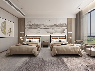 Hotel Guest Room Interior With Two Beds Landscape Painting Backdrop And Window View Carpet 3d model