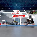 Yamaha Exhibition Booth Featuring Curved Canopy Displaying Motorcycles And Brand Logos