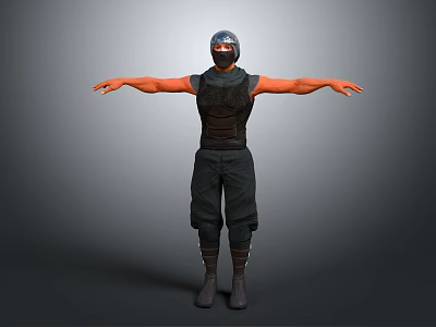 3D Model Of Tactical Character Wearing Helmet Mask Black Vest Pants And Boots Arms Outstretched 3d model
