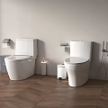 Modern White Toilets In Bathroom Interior With Toilet Paper Holder And Wooden Flooring