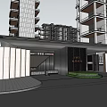 Modern Residential Entrance Gate With Illuminated Columns Covered Awning And High Rise Buildings