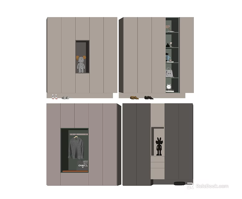 Modern Minimalist Shoe Cabinet Design With Multiple Compartments Open Shelves And Hanging Area 3d model 