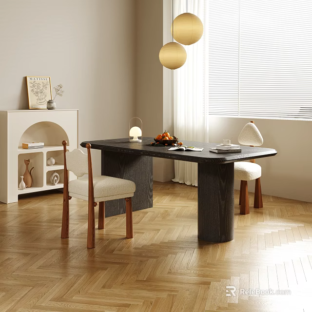 Modern Black Wood Dining Table Set With Upholstered Chairs Fruit Platter And Decorative Painting 3d model 