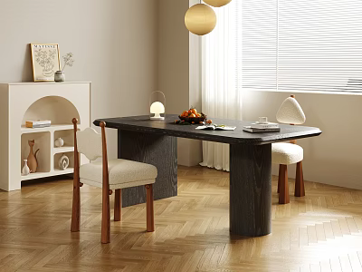 Modern Black Wood Dining Table Set With Upholstered Chairs Fruit Platter And Decorative Painting 3d model