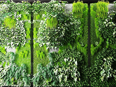 Lush Green Plant Wall With Various Leafy Plants And Dense Foliage Design 3d model