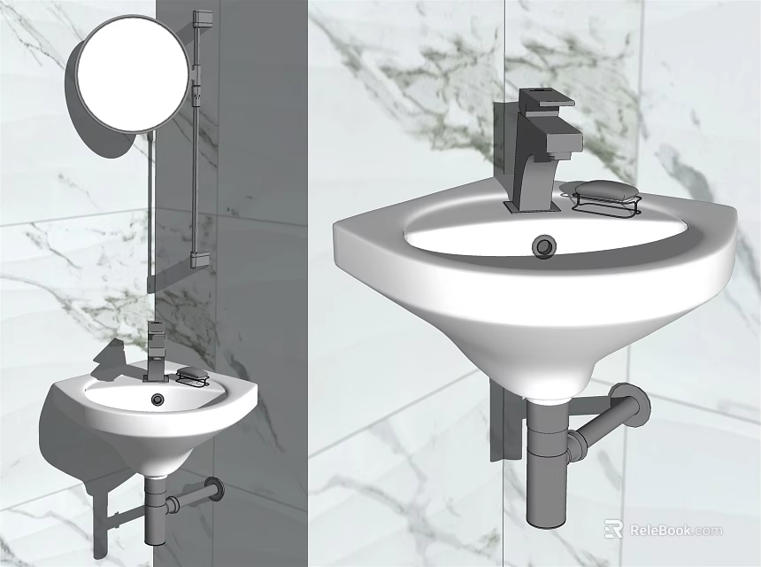 White Wall Mounted Sink with Modern Faucet and Round Mirror on Marble Wall 3d model 