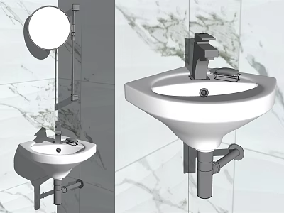 White Wall Mounted Sink with Modern Faucet and Round Mirror on Marble Wall 3d model