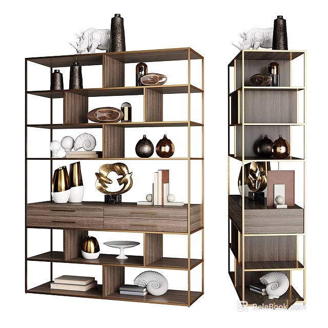 Modern Wooden Storage Shelf Unit with Gold Metal Frame and Decorative Vases Sculptures Plates 3d model 