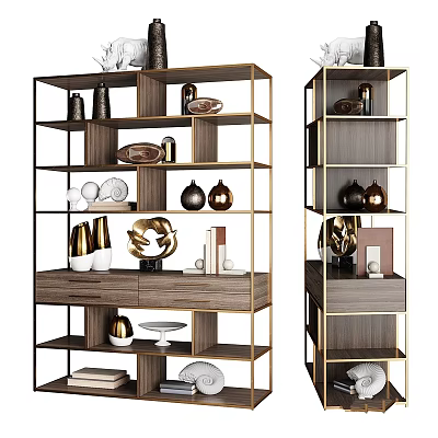 Modern Wooden Storage Shelf Unit with Gold Metal Frame and Decorative Vases Sculptures Plates 3d model