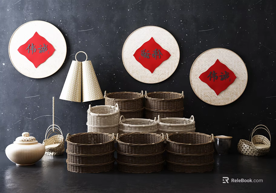 Handwoven Bamboo Garden Decor Accents With Round Wicker Plates Red Characters Stacked Baskets And Ceramic Pots 3d model 
