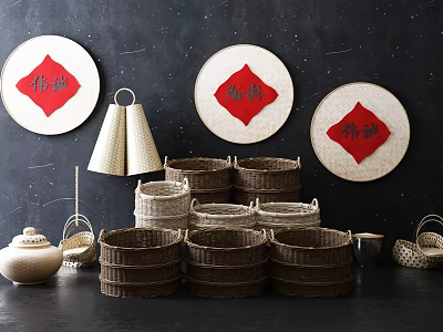 Handwoven Bamboo Garden Decor Accents With Round Wicker Plates Red Characters Stacked Baskets And Ceramic Pots 3d model
