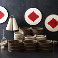 Handwoven Bamboo Garden Decor Accents With Round Wicker Plates Red Characters Stacked Baskets And Ceramic Pots