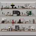 Decorative Ornament Set on Multi tiered Shelf with Lighting Including Figurines Plants Frames and Books