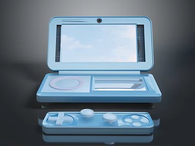 Blue Clamshell Handheld Gaming Device with Screen Controller Circular Knob and Buttons 3d model