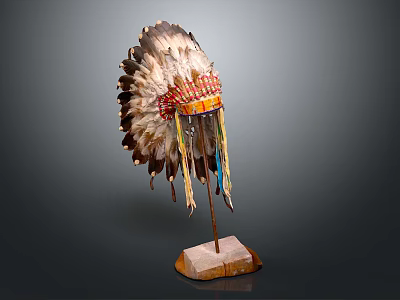 Traditional Feather Headdress With Colorful Decorations On Wooden Base For Home Decor 3d model