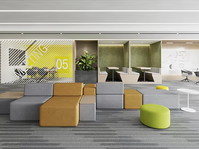 Modern Conference Room with Multi Colored Sofas Green Plants and Wall Decor 3d model