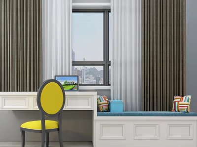 Bay Window With White Desk Yellow Chair Colorful Cushions Blue Box Curtains And City View 3d model