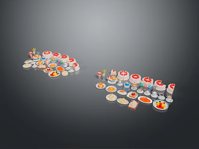 Assorted Plated Foods Including Appetizers Desserts And Snacks Arranged On Trays 3d model