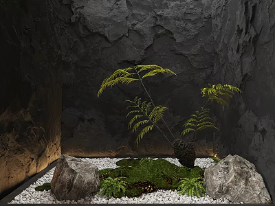 Serene Natural Garden Landscape With Rock Wall Ferns Moss White Pebbles And Soft Lighting 3d model