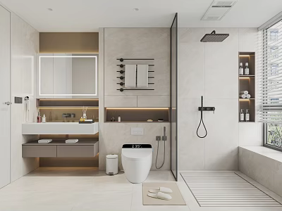 Modern Bathroom Interior Design With Vanity Mirror Toilet Shower Area And Storage Cabinets 3d model