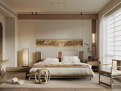 Minimalist Modern Bedroom Interior With Wooden Bed Nightstand Floor Lamp And Decorative Wall Art 3d model