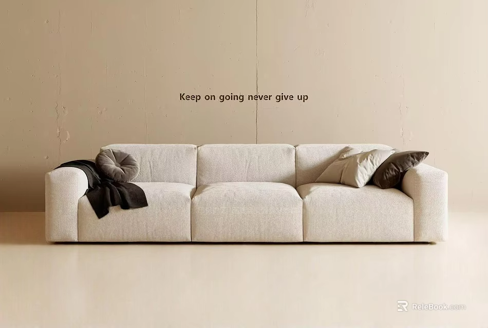 Modern Minimalist Cream Fabric Three Seater Sofa With Decorative Pillows And Soft Throw Blanket 3d model 