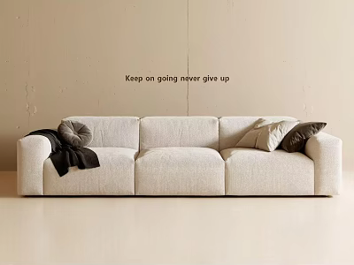 Modern Minimalist Cream Fabric Three Seater Sofa With Decorative Pillows And Soft Throw Blanket 3d model