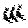 Three Elliptical Fitness Machines with Digital Displays on Wooden Gym Floor