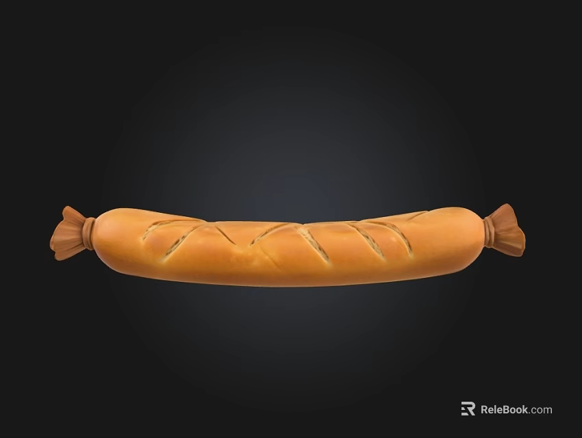 Freshly Baked Golden Brown Long Bread Loaf with Knotted Ends and Diagonal Slits 3d model 