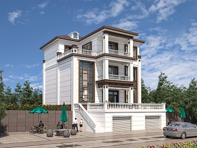Modern Single Family House With Three Story Design Balconies Garage And Green Outdoor Seating 3d model