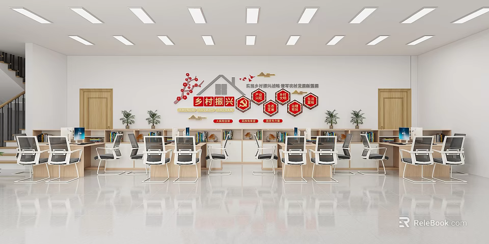 Community Service Hall Interior with Desks Computers and Wall Signs 3d model 