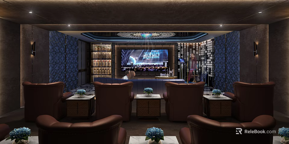 Luxurious Home Theater Interior With Leather Seats Large Screen And Decorative Walls 3d model 