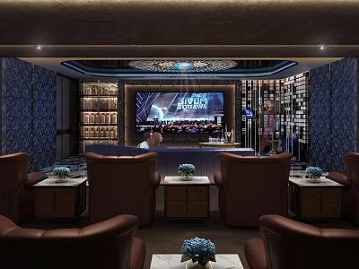 Luxurious Home Theater Interior With Leather Seats Large Screen And Decorative Walls 3d model