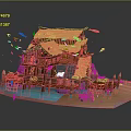 Rustic Wooden Cabin on Water with Yellow Roof Wooden Fences and Flying Birds