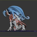 Game Movie Character With Blue Hair Pink Body Cat Ears Tail Crouching On Cracked Ground