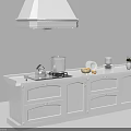 White Kitchen Cabinets Featuring Stove Kettle Dishes Plants And Range Hood Setup 3d model