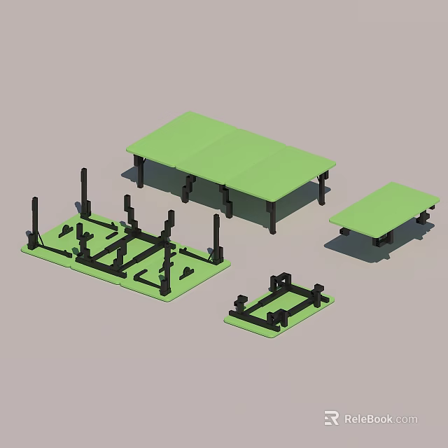 Green Table Tops With Black Metal Frame Structures And Multiple Furniture Components 3d model