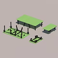 Green Table Tops With Black Metal Frame Structures And Multiple Furniture Components 3d model