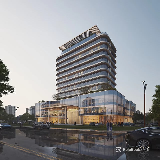 Modern Commercial Street Featuring High Rise Glass Building With Pedestrians Cars Street Lamps And Trees 3d model 