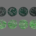 Circular Phoenix Pattern Pendants With Scroll Designs In Black And Green 3d model