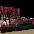 Elegant Wedding Stage Setup With Red Curtains Floral Arrangements And Chandeliers