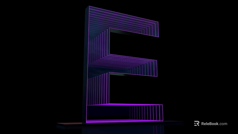 3D Letter E With Purple Neon Striped Design On Black Background And Reflection 3d model 