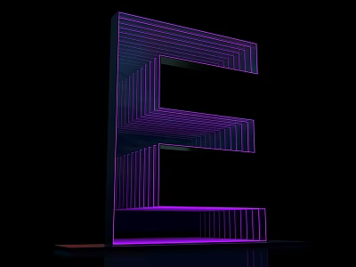 3D Letter E With Purple Neon Striped Design On Black Background And Reflection 3d model
