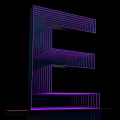 3D Letter E With Purple Neon Striped Design On Black Background And Reflection 3d model