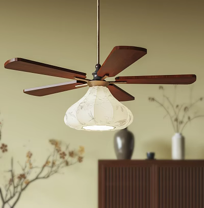 Modern Ceiling Fan Light with Wooden Blades and Decorative Fabric Shade in Living Room Interior 3d model