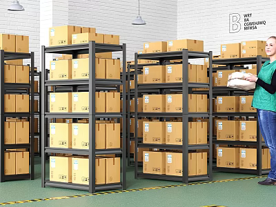 Metal Storage Shelves Loaded With Cardboard Boxes And Female Worker In Warehouse 3d model