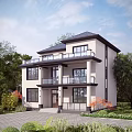 Two Story Detached Villa With Black Roof Beige Exterior Balconies Surrounded By Trees And Garden